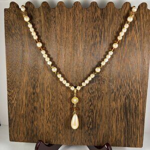 Liz Claiborne Faux Pearl & Gold Tone Beaded Necklace With Pendant Drop
